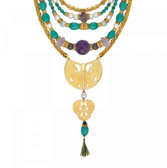 Adjustable Tiki bib necklace - turquoise