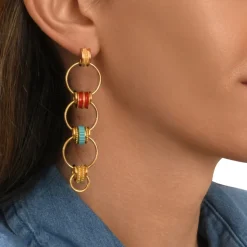 Alicudi long stud earrings for pierced ears - turquoise and coral