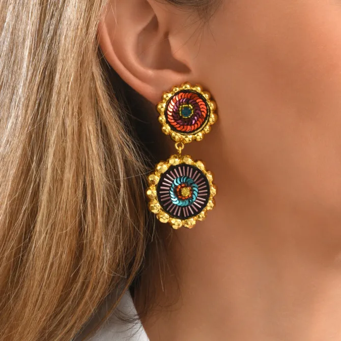 Angèle round clip-on earrings - orange and purple