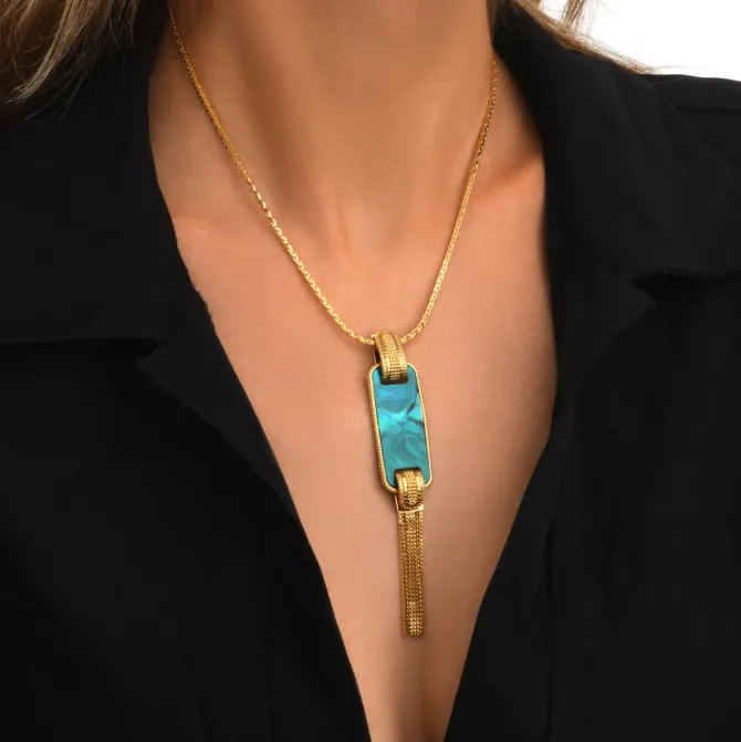 Ashanti rectangular mother-of-pearl pendant necklace – turquoise and green