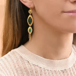 Long sleeper earrings, Sun design - green