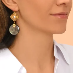 Positano thin dangling sleeper earrings - grey mother-of-pearl