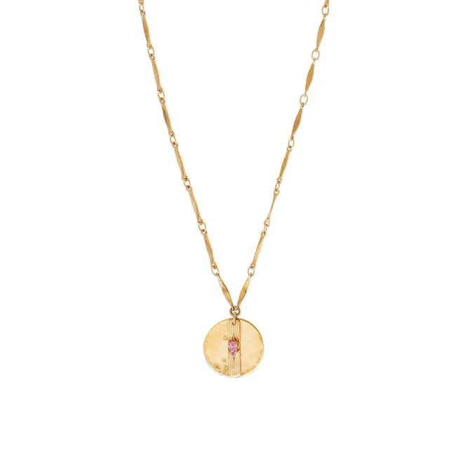 Sun pendant necklace in hammered metal with crystal - pink