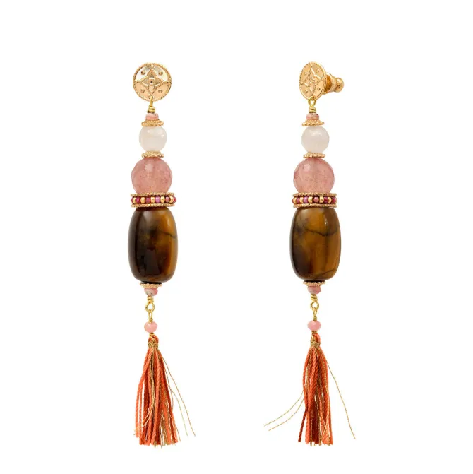 Tiki long pierced stud earrings - terracotta pink