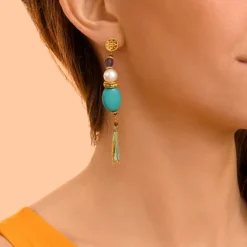 Tiki long stud earrings for pierced ears - turquoise